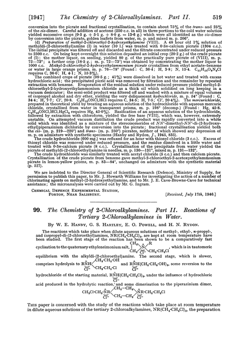 99. The chemistry of 2-chloroalkylamines. Part II. Reactions of tertiary 2-chloroalkylamines in water