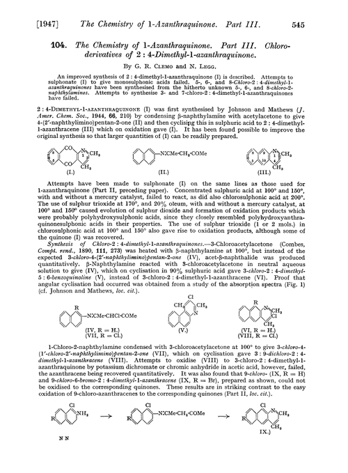 104. The chemistry of 1-azanthraquinone. Part III. Chloro-derivatives of 2 : 4-dimethyl-1-azanthraquinone