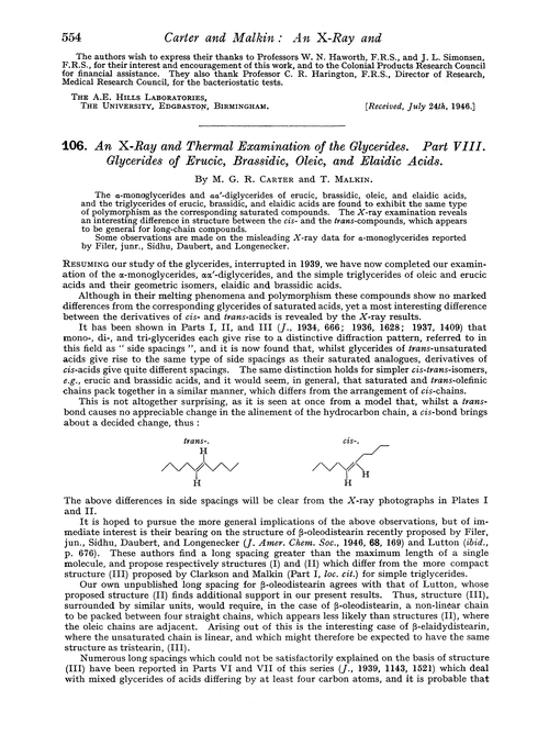 106. An X-ray and thermal examination of the glycerides. Part VIII. Glycerides of erucic, brassidic, oleic, and elaidic acids