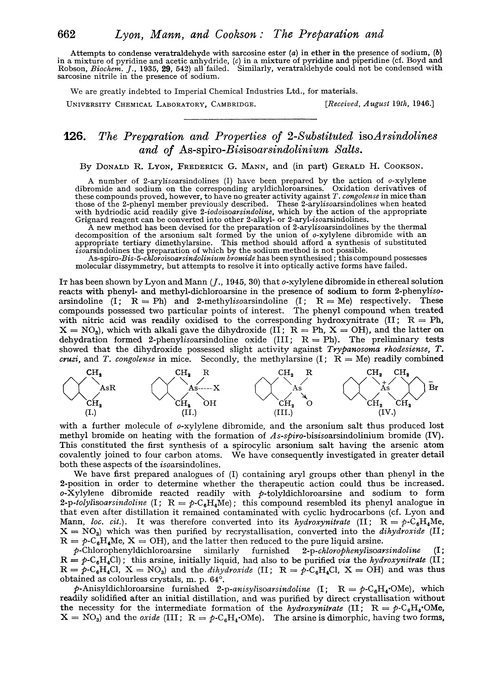 126. The preparation and properties of 2-substituted isoarsindolines and of As-spiro-Bisisoarsindolinium salts