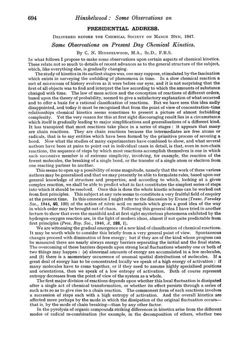 Presidential address. Some observations on present day chemical kinetics