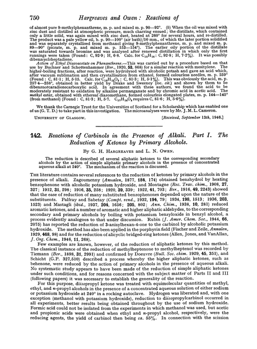 142. Reactions of carbinols in the presence of alkali. Part I. The reduction of ketones by primary alcohols