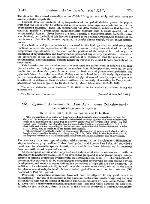 151. Synthetic antimalarials. Part XIV. Some 2-arylamino-4-aminoalkylaminoquinazolines