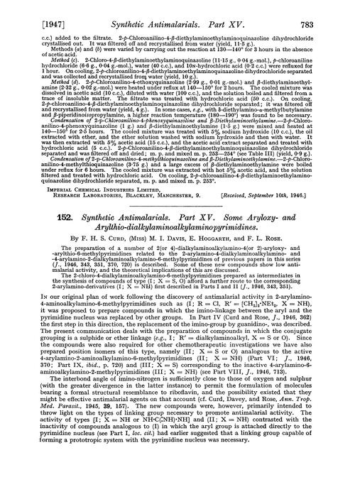 152. Synthetic antimalarials. Part XV. Some aryloxy- and arylthio-dialkylaminoalkylaminopyrimidines