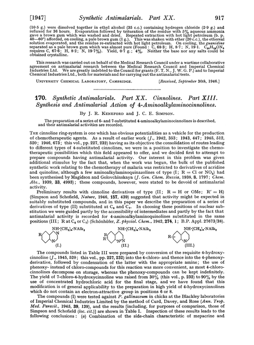 170. Synthetic antimalarials. Part XX. Cinnolines. Part XIII. Synthesis and antimalarial action of 4-aminoalkylaminocinnolines