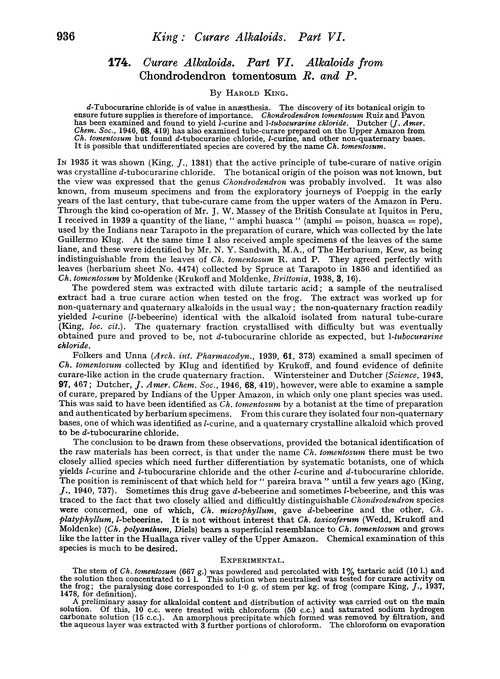 174. Curare alkaloids. Part VI. Alkaloids from Chondrodendron tomentosum R. and P.