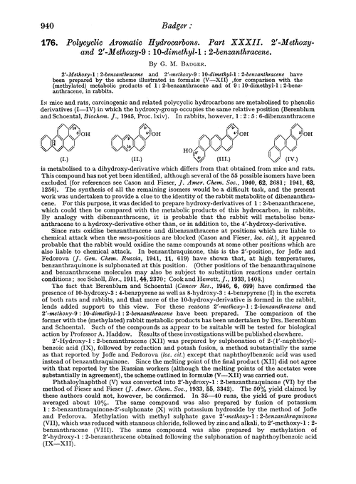 176. Polycyclic aromatic hydrocarbons. Part XXXII. 2′-Methoxy- and 2′-methoxy-9 : 10-dimethyl-1 : 2-benzanthracene