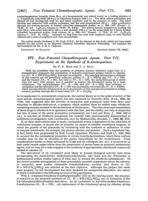 177. New potential chemotherapeutic agents. Part VII. Experiments on the synthesis of 8-aminopurines