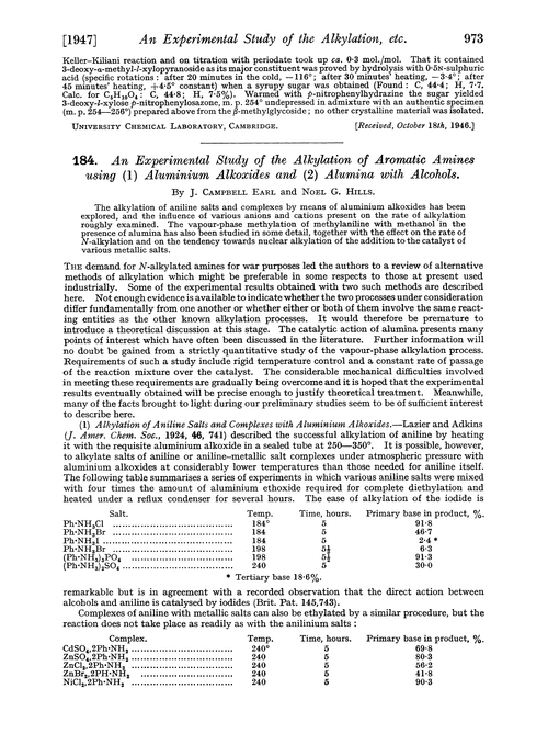 184. An experimental study of the alkylation of aromatic amines using (1) aluminium alkoxides and (2) alumina with alcohols