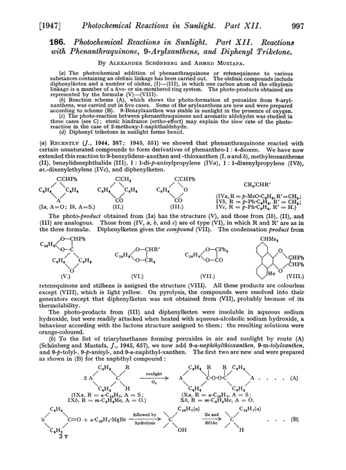 186. Photochemical reactions in sunlight. Part XII. Reactions with phenanthraquinone, 9-arylxanthens, and diphenyl triketone