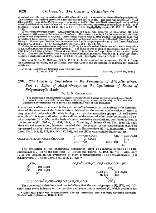 190. The course of cyclisation in the formation of alicyclic rings. Part I. Effect of alkyl groups on the cyclisation of esters of polycarboxylic acids