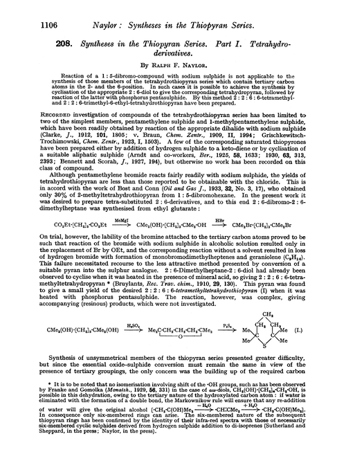 208. Syntheses in the thiopyran series. Part I. Tetrahydroderivatives