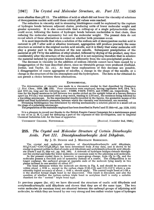 215. The crystal and molecular structure of certain dicarboxylic acids. Part III. Diacetylenedicarboxylic acid dihydrate