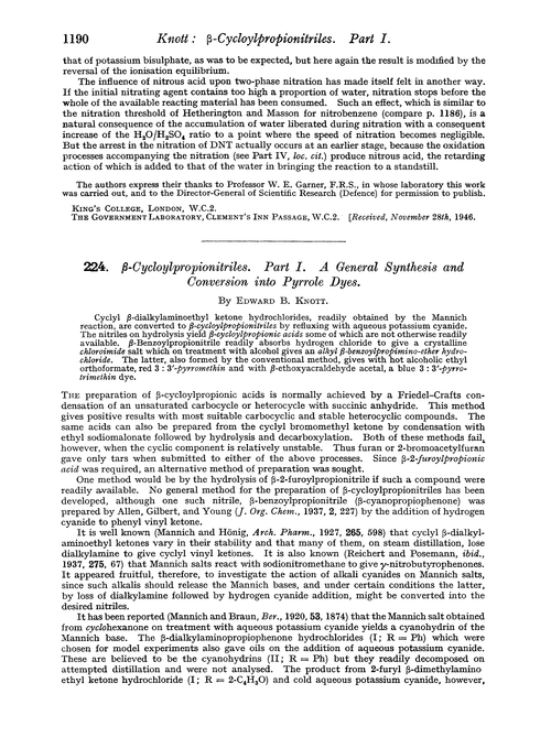 224. β-Cycloylpropionitriles. Part I. A general synthesis and conversion into pyrrole dyes