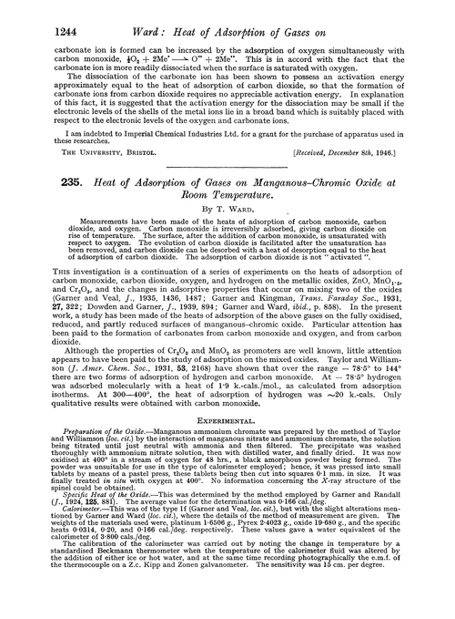 235. Heat of adsorption of gases on manganous–chromic oxide at room temperature