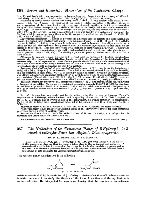 257. The mechanism of the tautomeric change of 5-hydroxy-1 : 2 : 3-triazole-4-carboxylic esters into aliphatic diazo-compounds