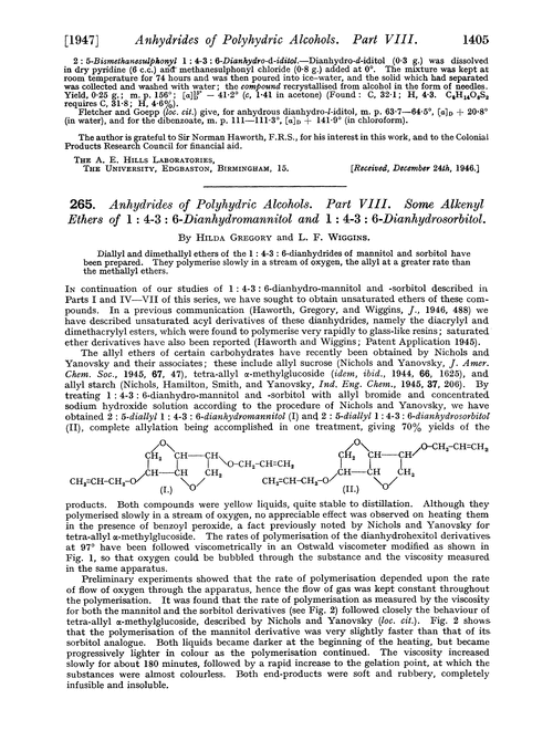 265. Anhydrides of polyhydric alcohols. Part VIII. Some alkenyl ethers of 1 : 4-3 : 6-dianhydromannitol and 1 : 4-3 : 6-dianhydrosorbitol