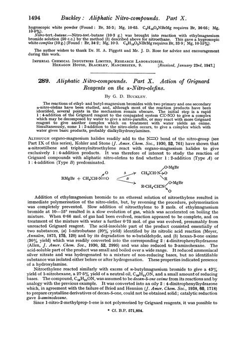 289. Aliphatic nitro-compounds. Part X. Action of grignard reagents on the α-nitro-olefins