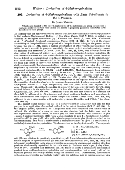 303. Derivatives of 6-methoxyquinaldine with basic substituents in the 4-position