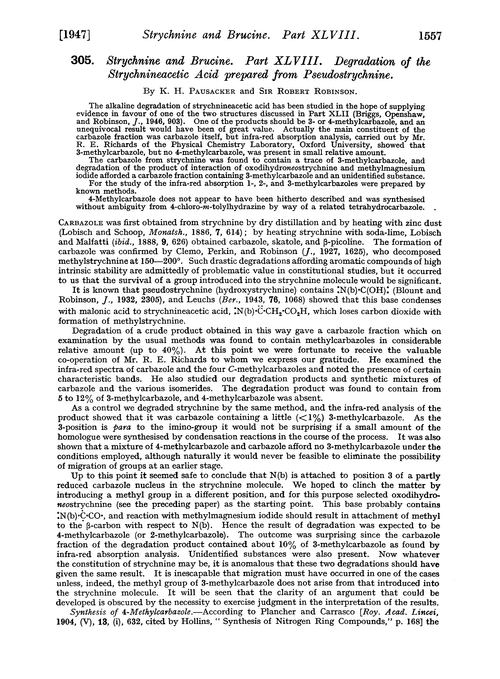 305. Strychnine and brucine. Part XLVIII. Degradation of the strychnineacetic acid prepared from pseudostrychnine