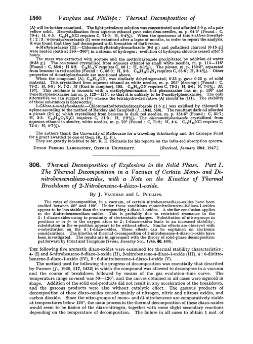 306. Thermal decomposition of explosives in the solid phase. Part I. The thermal decomposition in a vacuum of certain mono- and dinitrobenzenediazo-oxides, with a note on the kinetics of thermal breakdown of 2-nitrobenzene-4-diazo-1-oxide