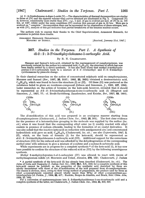 307. Studies in the terpenes. Part I. A synthesis of d1-2 : 2 : 3-trimethylcyclohexane-1-carboxylic acid