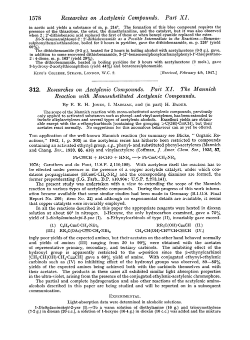 312. Researches on acetylenic compounds. Part XI. The mannich reaction with monosubstituted acetylenic compounds