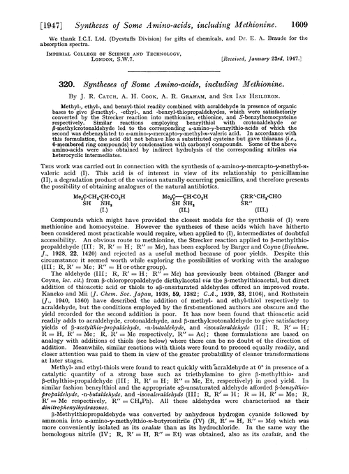 320. Syntheses of some amino-acids, including methionine