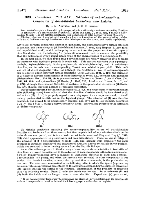 328. Cinnolines. Part XIV. N-oxides of 4-arylcinnolines. Conversion of 4-substituted cinnolines into indoles