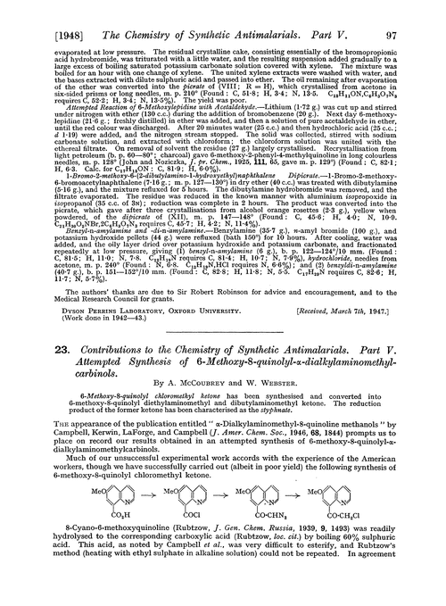 23. Contributions to the chemistry of synthetic antimalarials. Part V. Attempted synthesis of 6-methoxy-8-quinolyl-α-dialkylaminomethylcarbinols