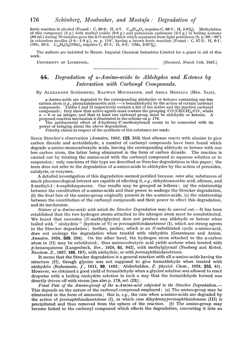 44. Degradation of α-amino-acids to aldehydes and ketones by interaction with carbonyl compounds