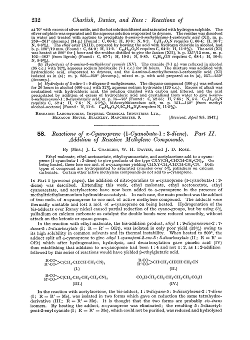 58. Reactions of α-cyanoprene (1-cyanobuta-1 : 3-diene). Part II. Addition of reactive methylene compounds