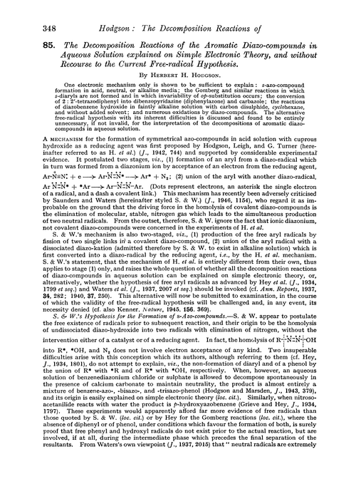 85. The decomposition reactions of the aromatic diazo-compounds in aqueous solution explained on simple electronic theory, and without recourse to the current free-radical hypothesis