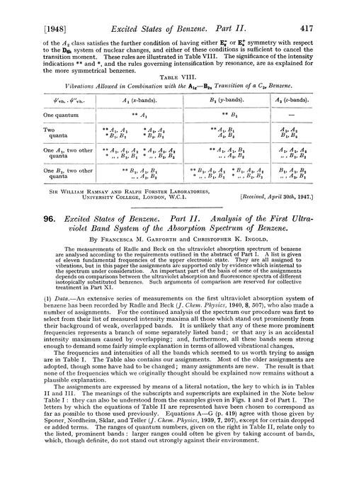 96. Excited states of benzene. Part II. Analysis of the first ultraviolet band system of the absorption spectrum of benzene