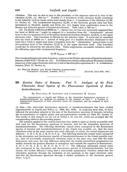 99. Excited states of benzene. Part V. Analysis of the first ultraviolet band system of the fluorescence spectrum of hexadeuterobenzene