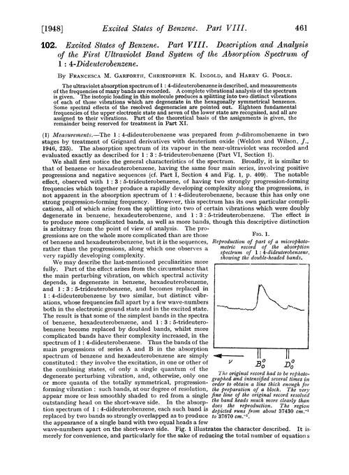 102. Excited states of benzene. Part VIII. Description and analysis of the first ultraviolet band system of the absorption spectrum of 1 : 4-dideuterobenzene