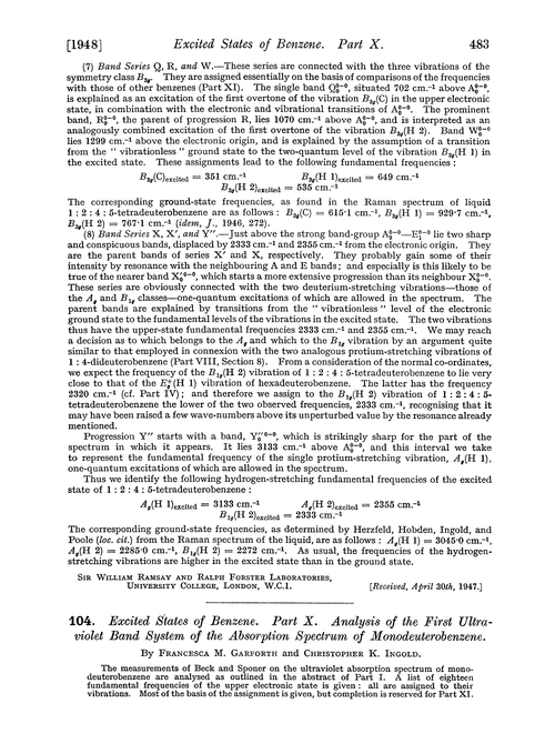 104. Excited states of benzene. Part X. Analysis of the first ultraviolet band system of the absorption spectrum of monodeuterobenzene