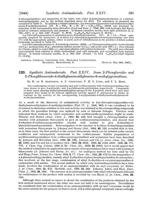 120. Synthetic antimalarials. Part XXIV. Some 2-phenylureido- and 2-phenylthioureido-4-dialkylaminoalkylamino-6-methylpyrimidines