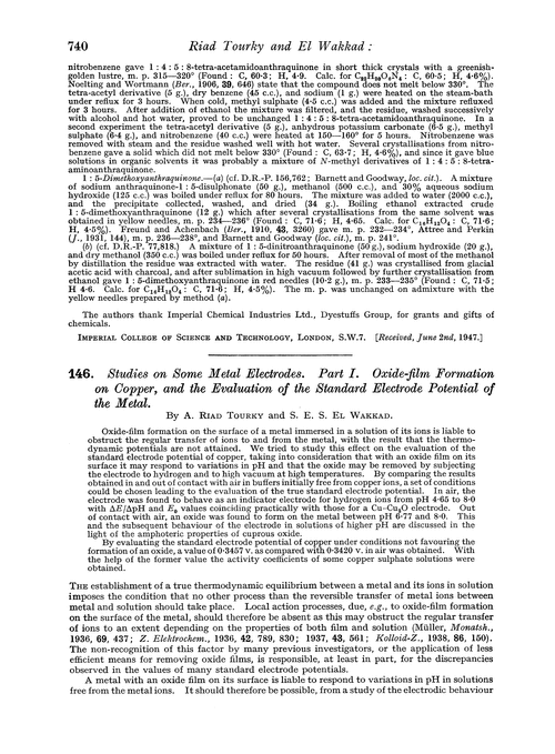 146. Studies on some metal electrodes. Part I. Oxide-film formation on copper, and the evaluation of the standard electrode potential of the metal