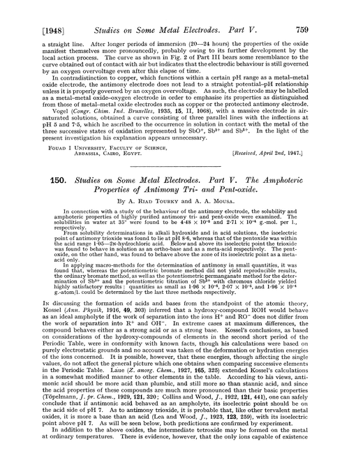 150. Studies on some metal electrodes. Part V. The amphoteric properties of antimony tri- and pent-oxide