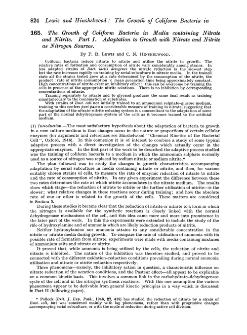165. The growth of coliform bacteria in media containing nitrate and nitrate. Part I. Adaptation to growth with nitrate and nitrate as nitrogen sources
