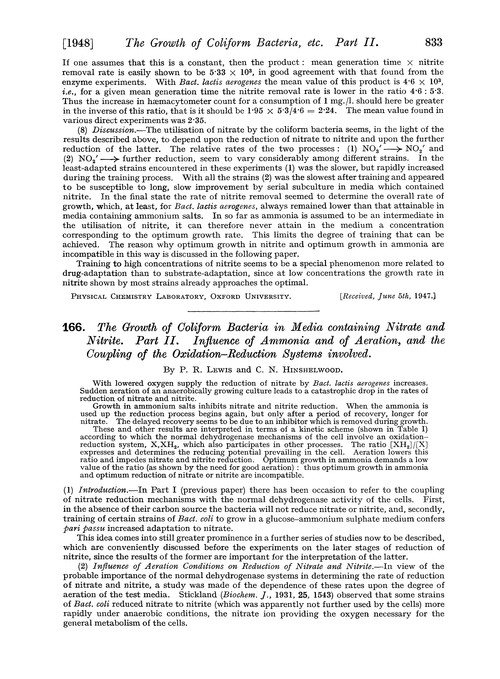 166. The growth of coliform bacteria in media containing nitrate and nitrite. Part II. Influence of ammonia and of aeration, and the coupling of the oxidation–reduction systems involved