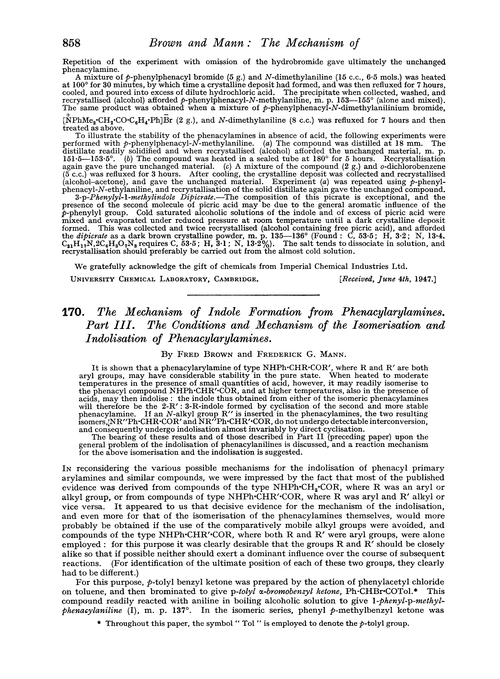 170. The mechanism of indole formation from phenacylarylamines. Part III. The conditions and mechanism of the isomerisation and indolisation of phenacylarylamines