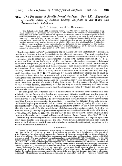 180. The properties of freshly-formed surfaces. Part IX. Expansion of soluble films of sodium dodecyl sulphate at air–water and toluene–water interfaces