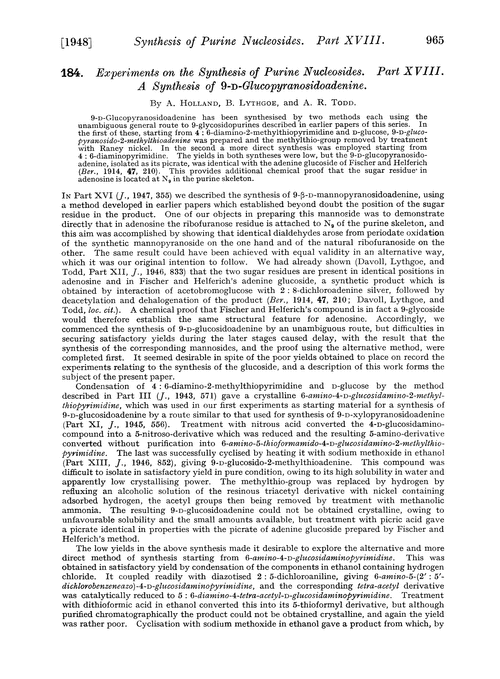 184. Experiments on the synthesis of purine nucleosides. Part XVIII. A synthesis of 9-D-glucopyranosidoadenine