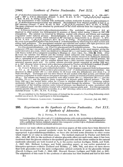 185. Experiments on the synthesis of purine nucleosides. Part XIX. A synthesis of adenosine