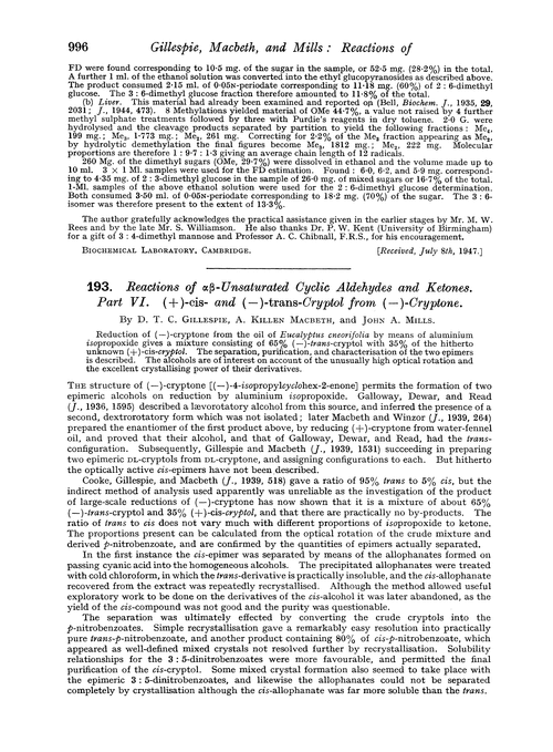 193. Reactions of αβ-unsaturated cyclic aldehydes and ketones. Part VI. (+)-cis- and (–)-trans-cryptol from (–)-cryptone