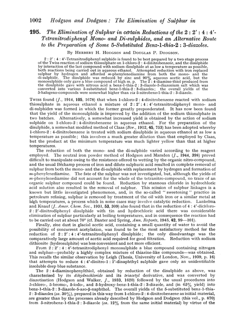 195. The elimination of sulphur in certain reductions of the 2 : 2′ : 4 : 4′- tetranitrodiphenyl mono- and di-sulphides, and an alternative route to the preparation of some 5-substituted benz-1-thia-2 : 3-diazoles