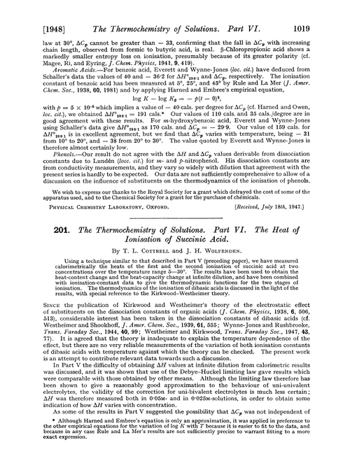 201. The thermochemistry of solutions. Part VI. The heat of ionisation of succinic acid