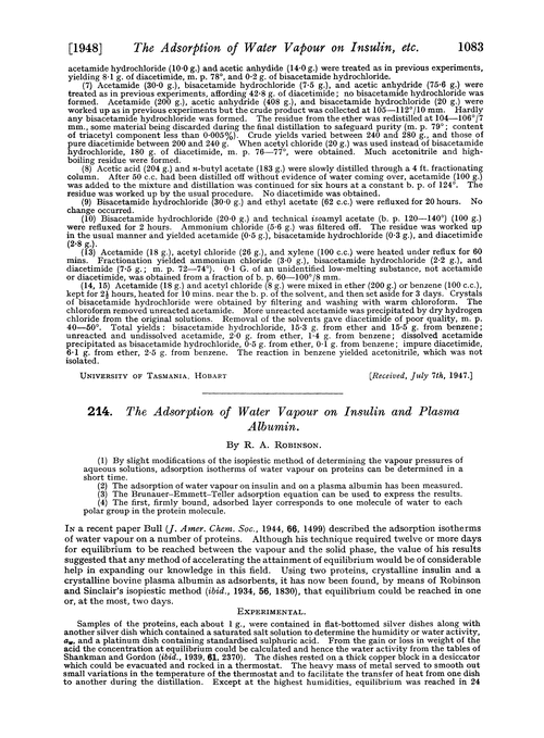 214. The adsorption of water vapour on insulin and plasma albumin